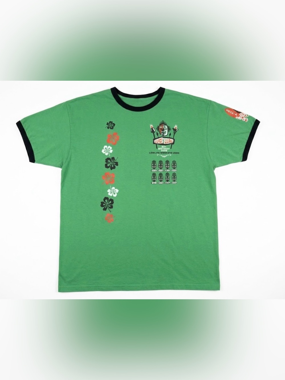 Vintage Authentic Pigment 2008 Luigi’s Luau Ringer T-Shirt XL Green Tiki Surf